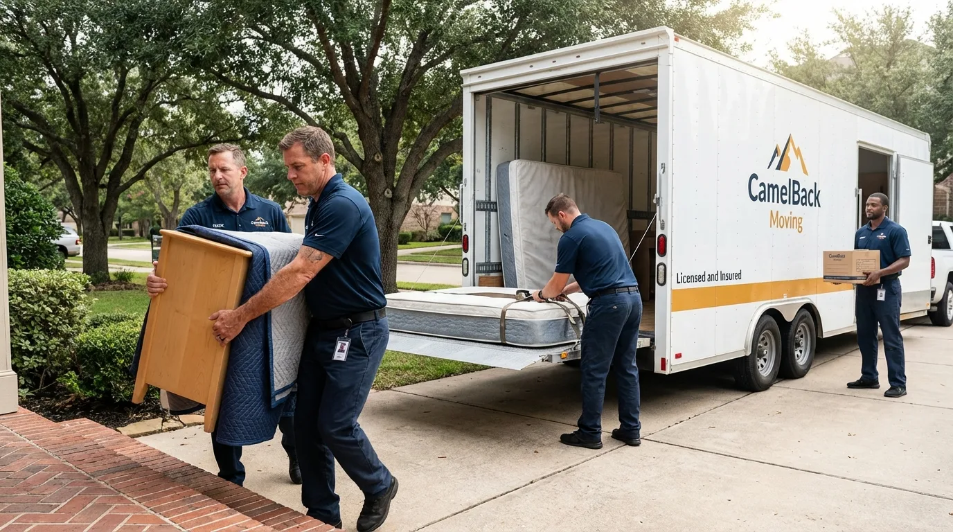 Crew loading residential truck for cross-state move from Peralta, NM