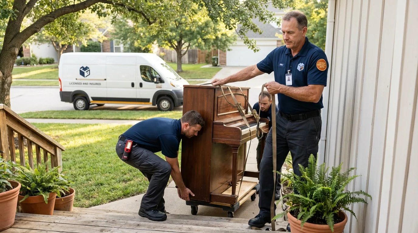 Licensed piano movers securing grand piano in Peralta, NM