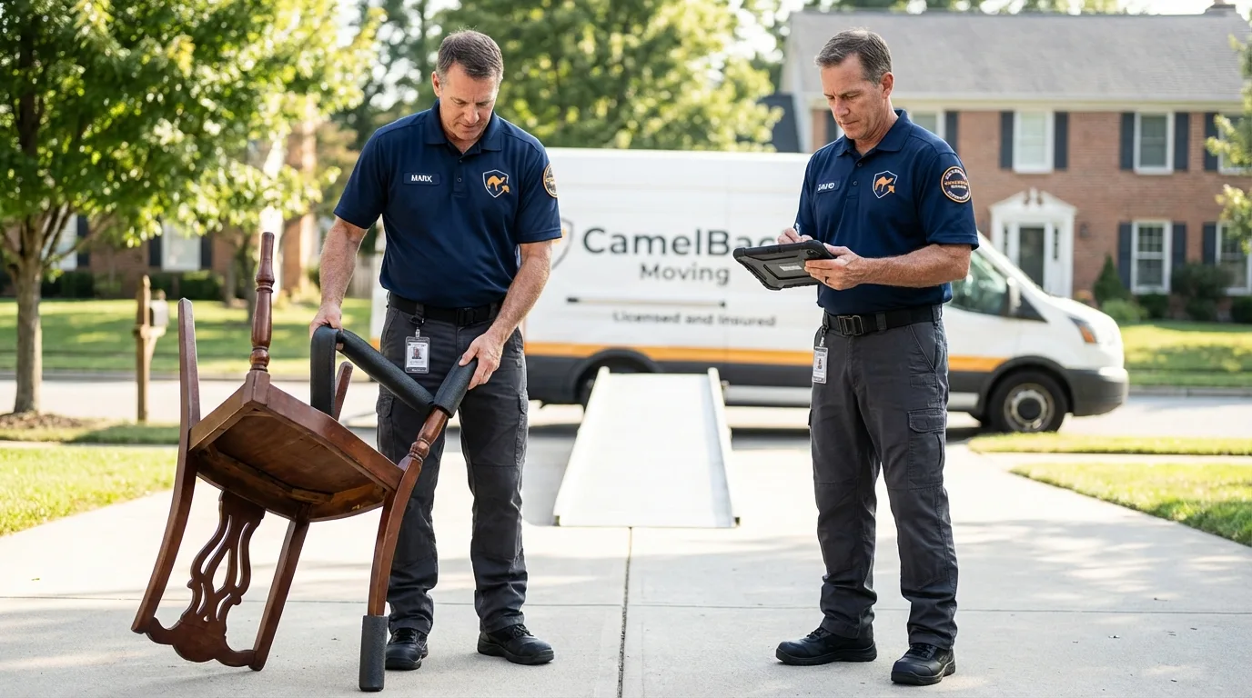 Movers inspecting furniture for damage prevention before loading in Peralta, NM