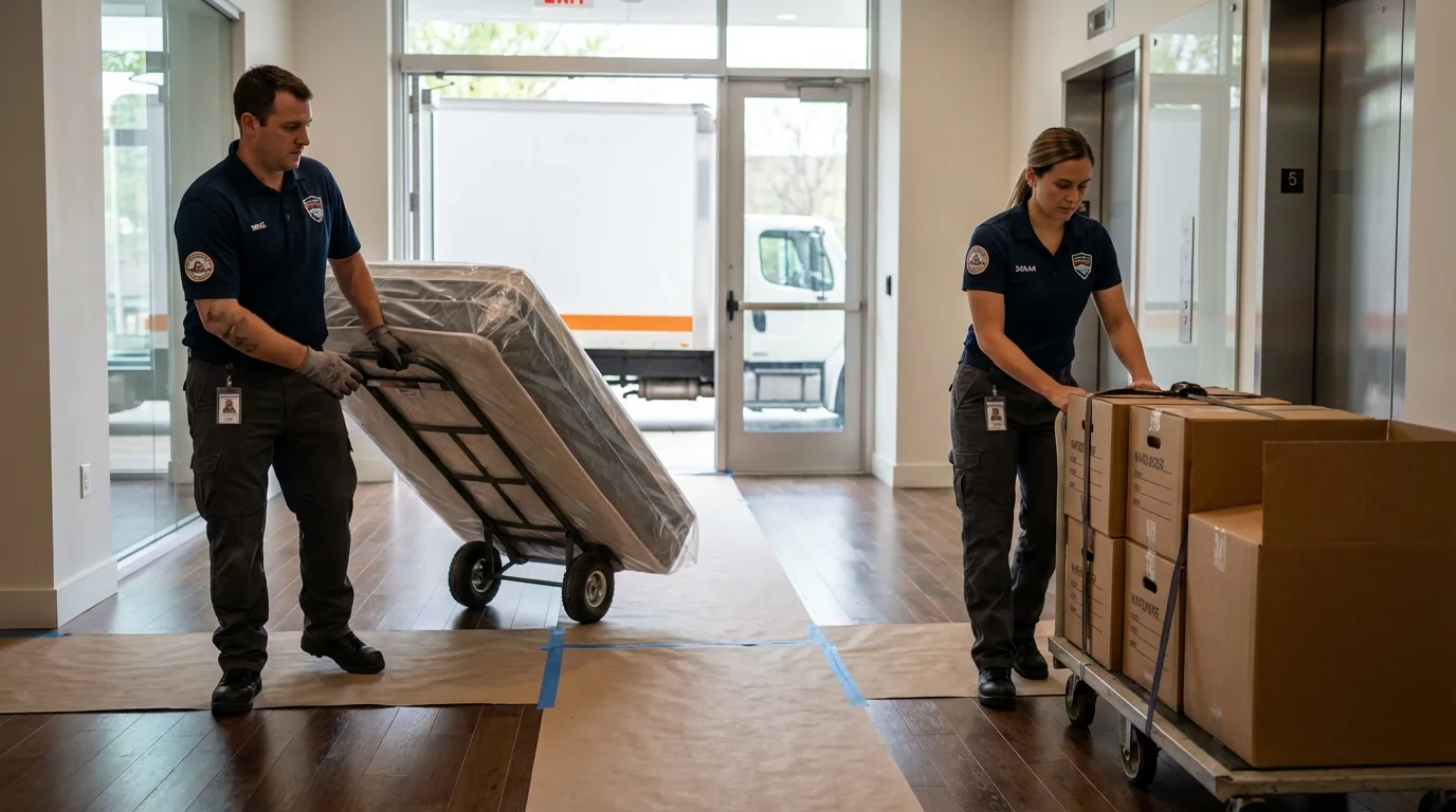 Professional apartment movers loading elevator in Peralta, NM