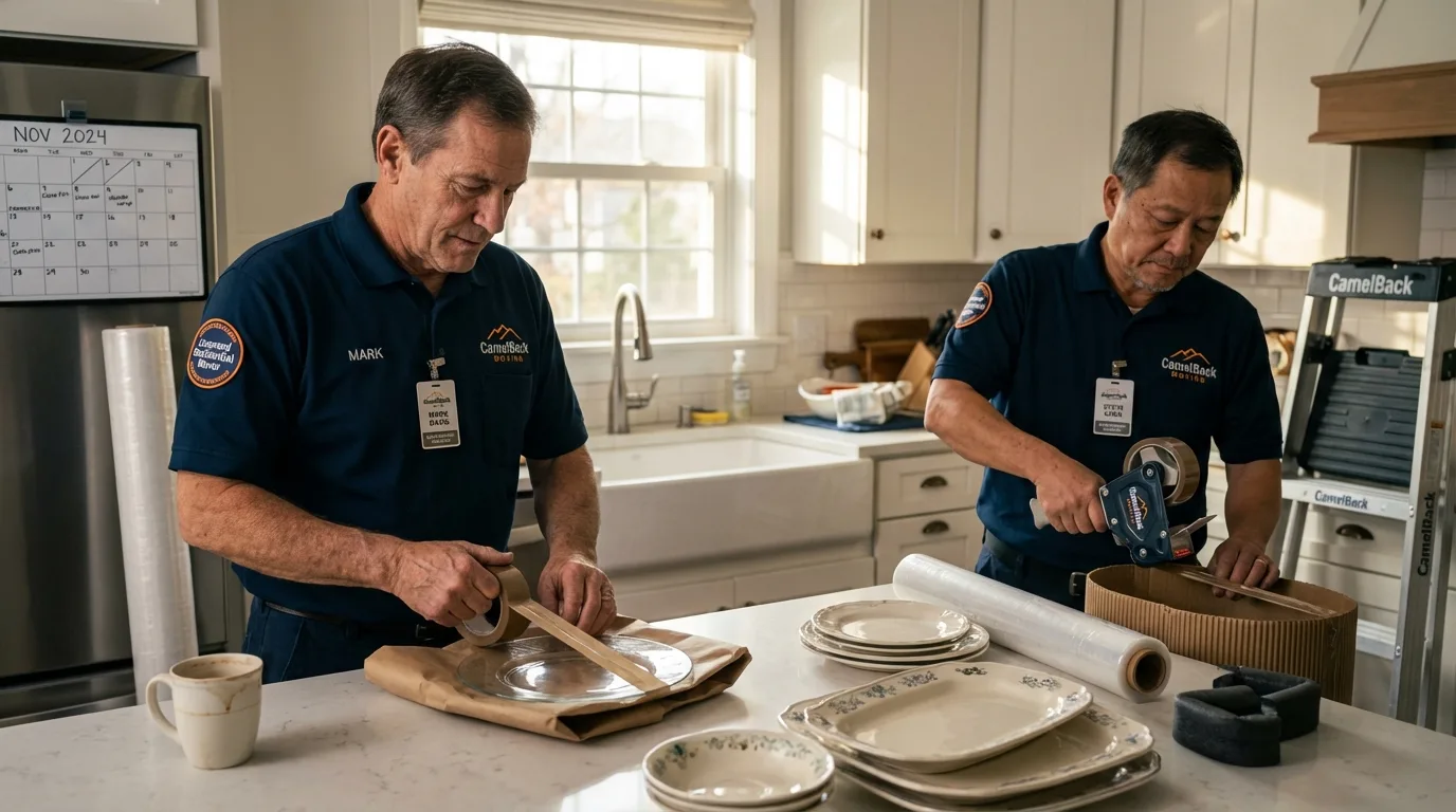 Professional crew packing kitchen dishware in Peralta, NM